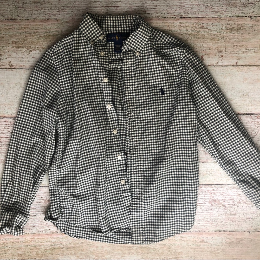 Polo button up green and white plaid boys medium